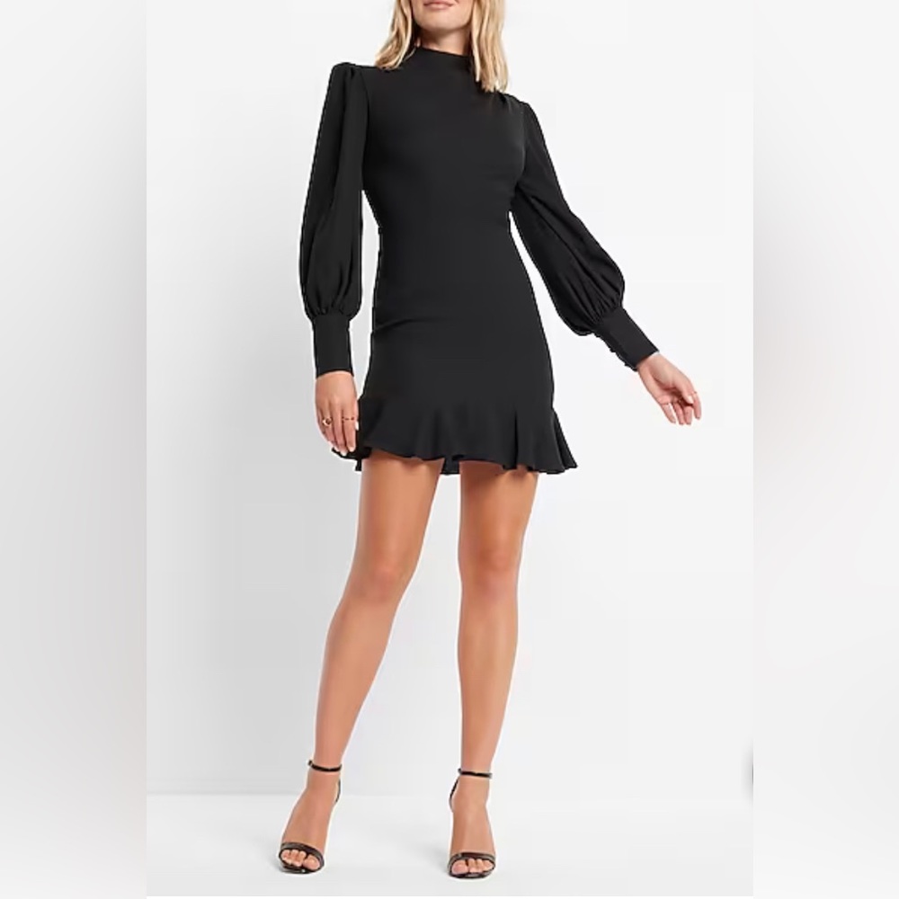 Express Mock Neck Puff Sleeve Ruffle Dres - Picture 1 of 4
